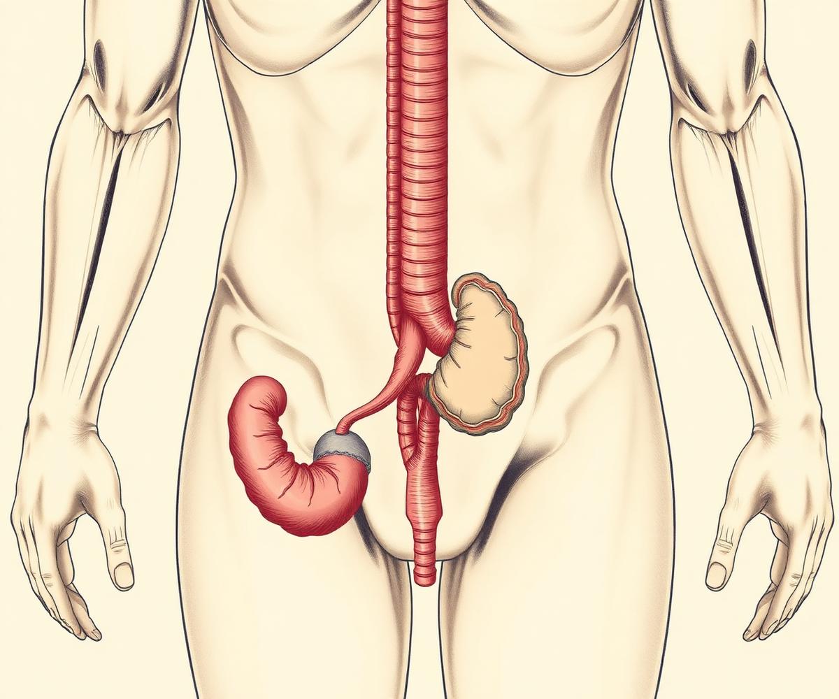 Ilustracja anatomiczna gruczołu krokowego w układzie moczowo-płciowym mężczyzny